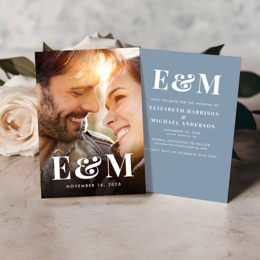 モノグラモダンムはっきりしたイニシャル写真ほこりっぽい青 セーブザデート