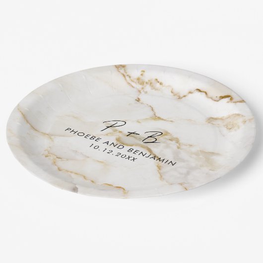 モノグラモダンムカスタム金ゴールドマーブル結婚ス ペーパープレート (アングル)