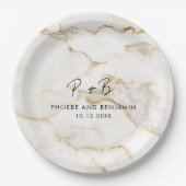 モノグラモダンムカスタム金ゴールドマーブル結婚ス ペーパープレート (正面)