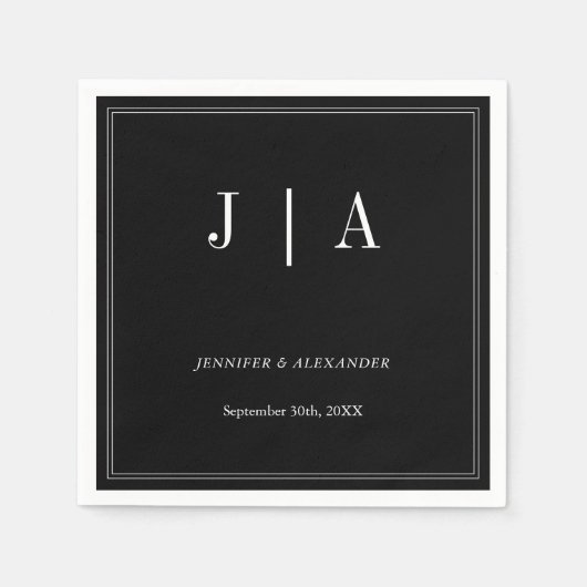 モノグラモダンムシンプル白黒結婚ズ スタンダードカクテルナプキン (正面)