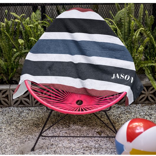 モノグラモダンムストライプの白黒ブルーレッド ビーチタオル