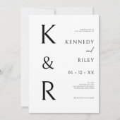 モノグラモダンムタイポグラフィ白黒QR結婚s 招待状 (正面)