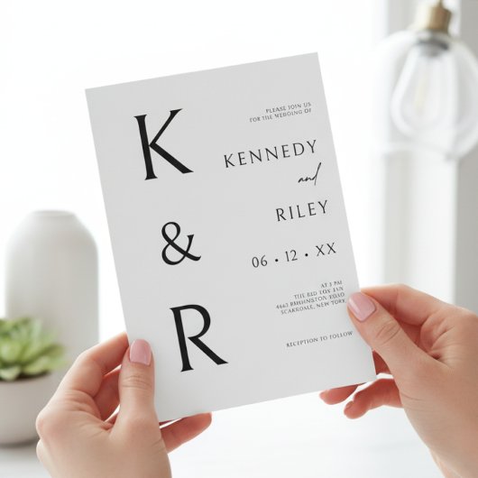 モノグラモダンムタイポグラフィ白黒QR結婚s 招待状