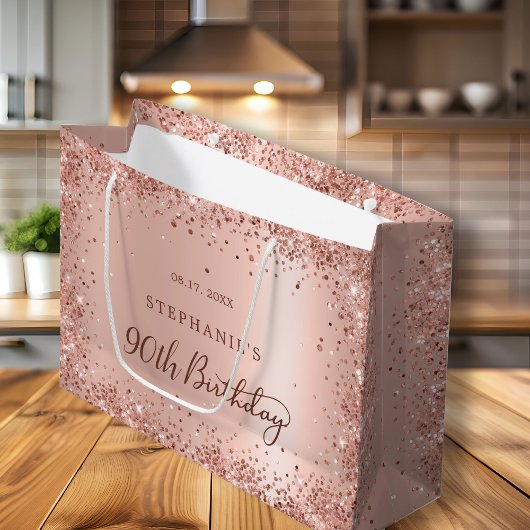モノグラモダンムバラ金ゴールドグリッター90誕生日 ラージペーパーバッグ