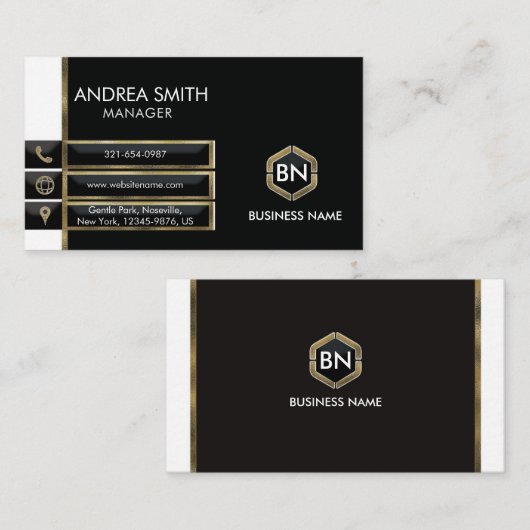 モノグラモダンム付きミニマル白黒金ゴールド 名刺 (正面/裏面)