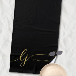 モノグラモダンム黒エレガント金ゴールドスクリプトイニシャル ビーチタオル