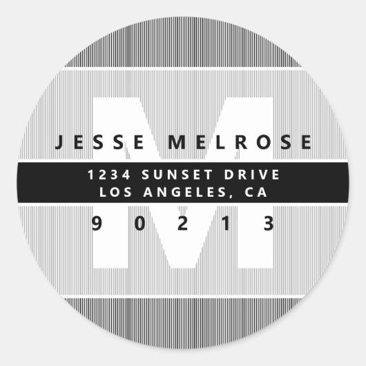 モノグラモダンム&ストライプ差出人住所B&W ラウンドシール (正面)