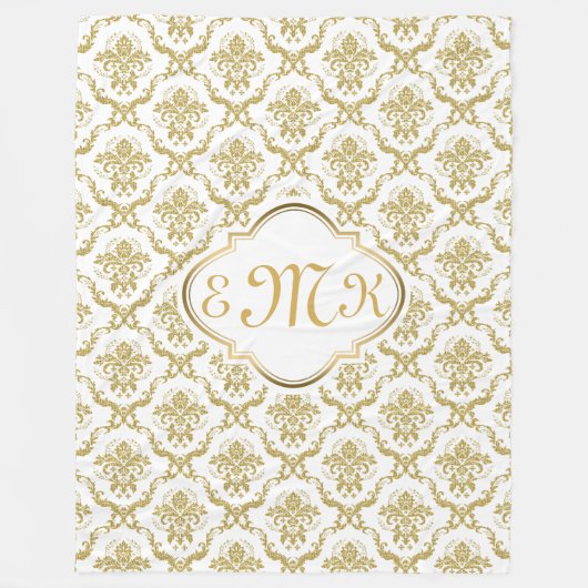 モノグラーエレガントド白と金ゴールドフローラダマスク フリースブランケット (正面)