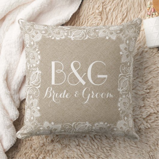 モノグラームのベージュリネンとホワイトレースフレーム クッション (ブランケット)