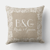 モノグラームのベージュリネンとホワイトレースフレーム クッション (裏面)