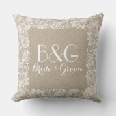 モノグラームのベージュリネンとホワイトレースフレーム クッション (正面)