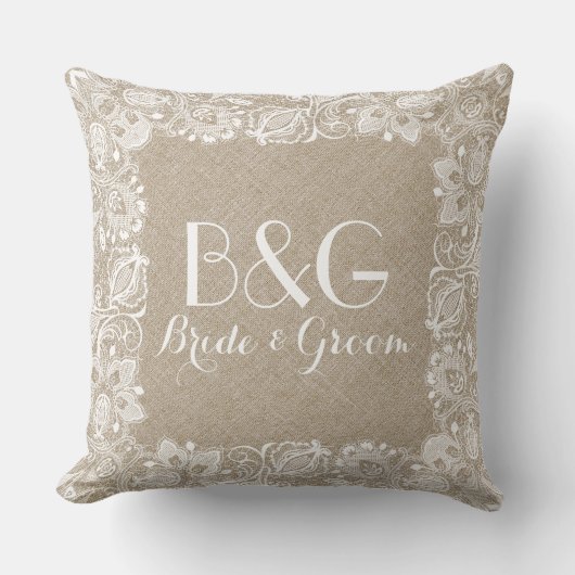 モノグラームのベージュリネンとホワイトレースフレーム クッション (正面)