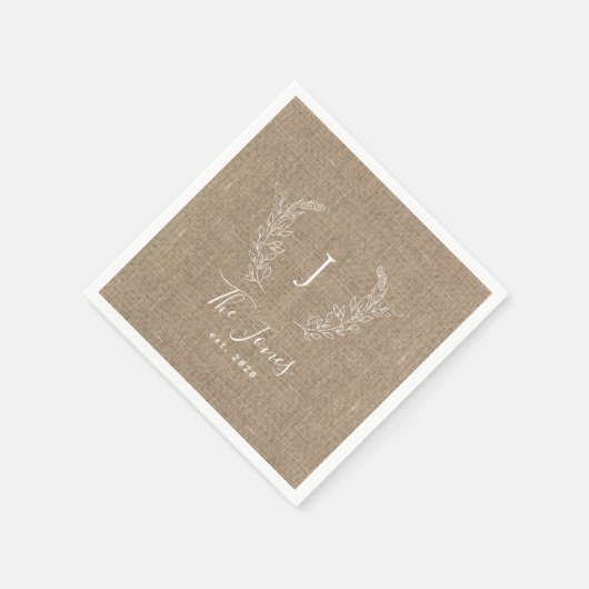 モノグラームの家族の名パーソナライズされた前burlap rustic スタンダードカクテルナプキン (角)