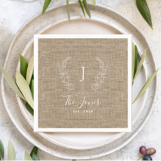 モノグラームの家族の名パーソナライズされた前burlap rustic スタンダードカクテルナプキン