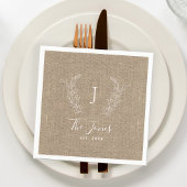 モノグラームの家族の名パーソナライズされた前burlap rustic スタンダードカクテルナプキン