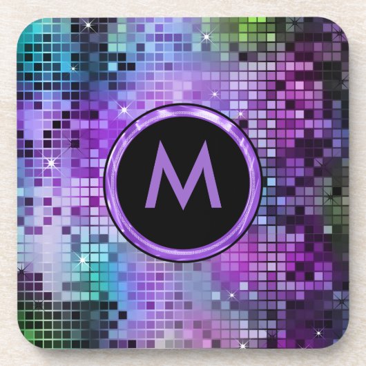 モノグラームカラフルディスコグリッターパープルオーバートーン コースター (正面)