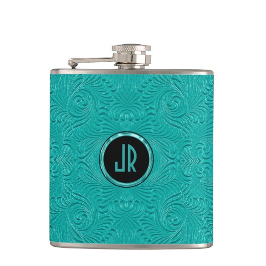 モノグラームターコイズエンボスフローラダマスク フラスク (正面)