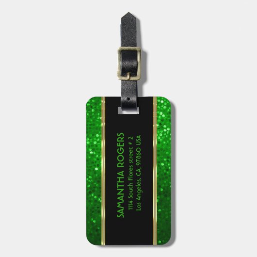 モノグラーム明るい緑のトーングリッターテクスチャ ラゲッジタグ (正面縦)