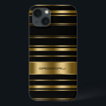 モノグラーム金ゴールドとブラックストライプパターン iPhone 13ケース<br><div class="desc">金ゴールドエレガントと黒のストライプパターン。カスタマイズ可能なモノグラム</div>