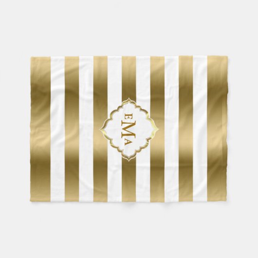 モノグラーム金ゴールドと白ストライプ色の幾何学的パターン フリースブランケット (正面(横))