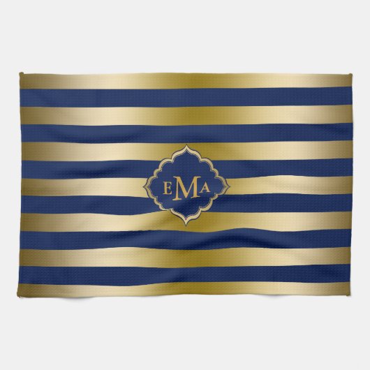 モノグラーム金ゴールドストライプ幾何学的パターン キッチンタオル (横)