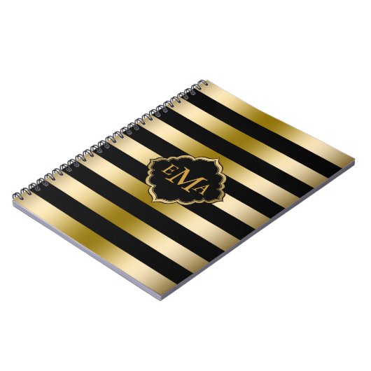 モノグラーム金ゴールドストライプ幾何学的パターン ノートブック (左側)