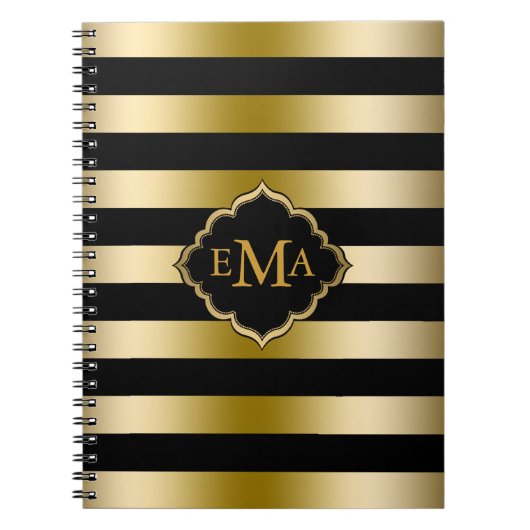 モノグラーム金ゴールドストライプ幾何学的パターン ノートブック (正面)