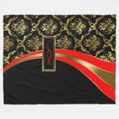 モノグラーム金ゴールドレッド&ブラックフローラダマスク2 フリースブランケット (正面(横))