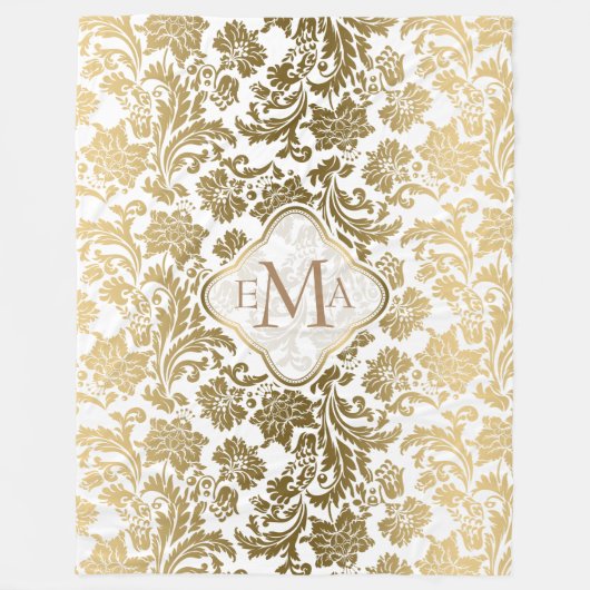 モノグラーム金ゴールド&ホワイトフローラダマスク フリースブランケット (正面)