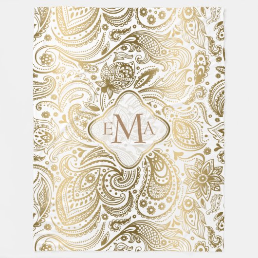 モノグラーム金ゴールド&ホワイトフローラペイズリーレース フリースブランケット (正面)