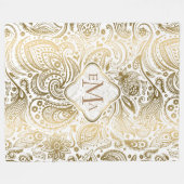 モノグラーム金ゴールド&ホワイトフローラペイズリーレース フリースブランケット (正面(横))