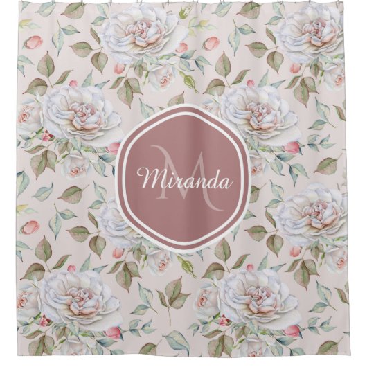 モノグラ淡い色のムと名前を持つピンクのバラ模様 シャワーカーテン (正面)