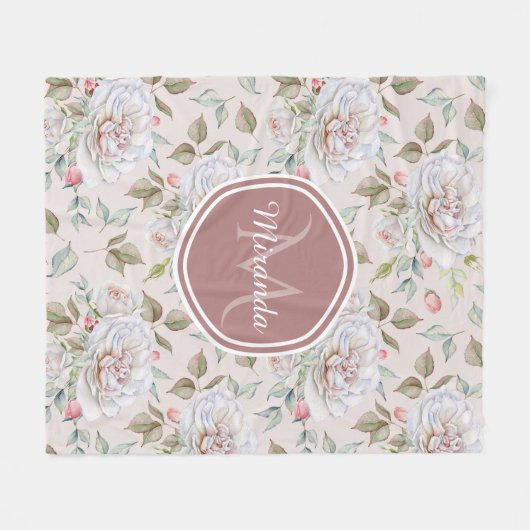 モノグラ淡い色のムと名前を持つピンクのバラ模様 フリースブランケット (正面(横))