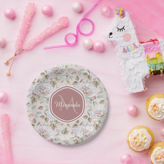 モノグラ淡い色のムと名前を持つピンクのバラ模様 ペーパープレート (パーティー)
