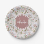 モノグラ淡い色のムと名前を持つピンクのバラ模様 ペーパープレート (正面)