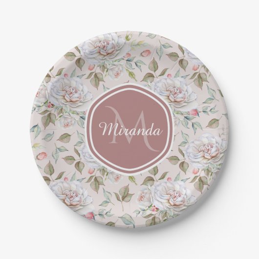 モノグラ淡い色のムと名前を持つピンクのバラ模様 ペーパープレート (正面)