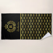 モノグラ王室のム金ゴールドローレルリースクラウンデコシェル ビーチタオル (正面)