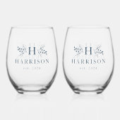 モノグラ素朴ムシンプルイニシャル名ネイビーブルー ステムなしワイングラス (正面)