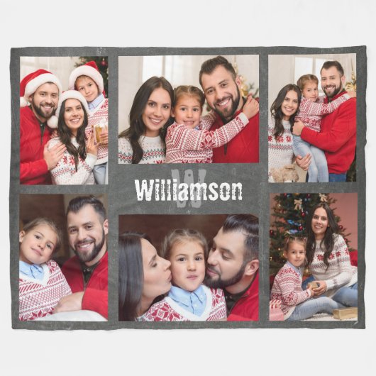 モノグラ素朴ムファミリーフォトコラージュ黒板 フリースブランケット (正面(横))