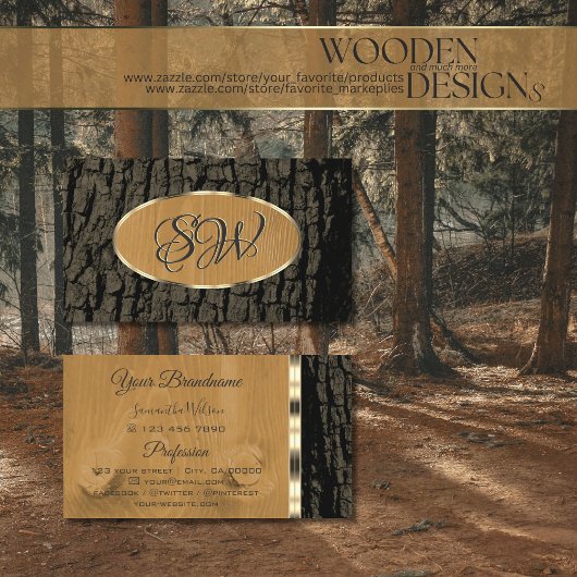 モノグラ素朴ム付き天然の木の樹皮縁ど金ゴールド 名刺