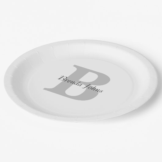 モノグラ結婚ム名ベビーシャワーグレー白黒 ペーパープレート (アングル)