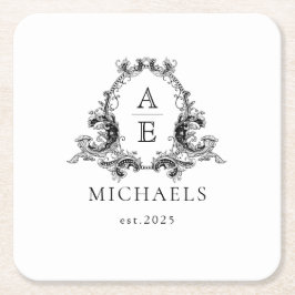 モノグラ結婚ム |ブラック&ホワイトコースター スクエアペーパーコースター