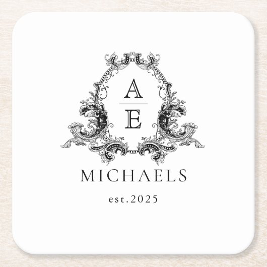 モノグラ結婚ム |ブラック&ホワイトコースター スクエアペーパーコースター (正面)