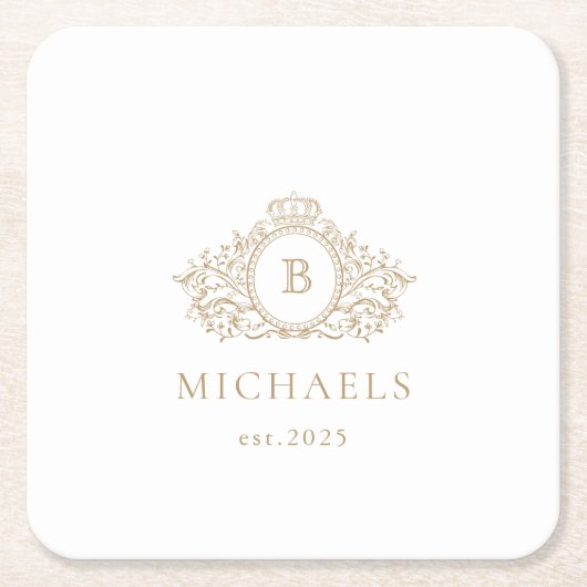 モノグラ結婚ム |金ゴールドとホワイトコースター スクエアペーパーコースター (正面)