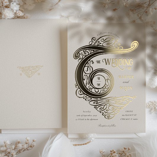 モノグラ華美ム結婚のエレガントタイポグラフィ 箔招待状