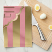 モノグレーズストライプド金ゴールドとピンクの幾何学的パターン キッチンタオル (四つ折り)