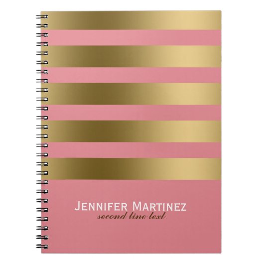 モノグレーズストライプド金ゴールドとピンクの幾何学的パターン ノートブック (正面)