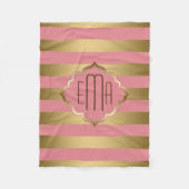 モノグレーズストライプド金ゴールドとピンクの幾何学的パターン フリースブランケット (正面)