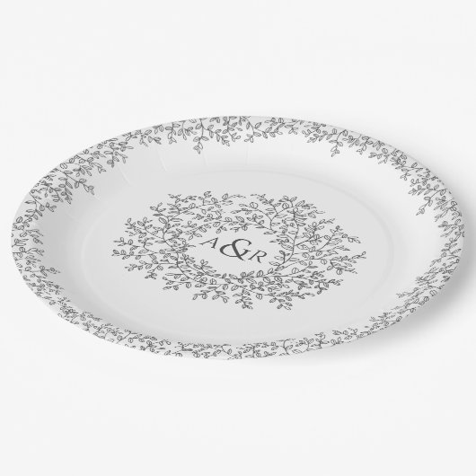 モノグレー白丸の葉アートモノグラム結婚ズ ペーパープレート (アングル)