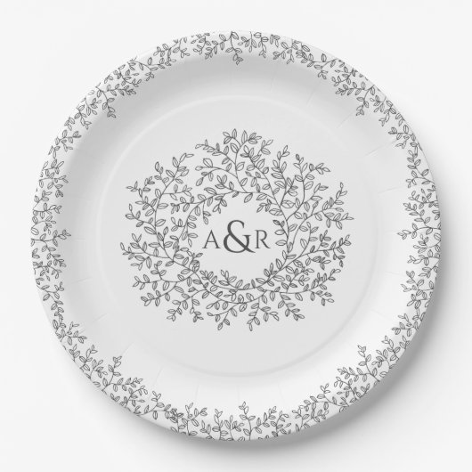 モノグレー白丸の葉アートモノグラム結婚ズ ペーパープレート (正面)